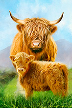 Highland Cow with Calf ,Art, Artwork, Art Print, Scotland, Highlands