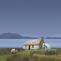 Isle of Harris, Luskentyre, Beach, Pony, Horse, White, Sheep, Hebrides. Outer Herbrides, Croft, Art Print
