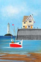 Fishing Boat, Lighthouse, Pier, Pastel Sky, Pier, Fishing Boat, Seaside, Art, Artwork, Prints, Fine Art