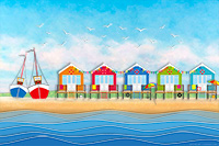 Beach Huts, Grounded Fishing Boat, Art, Print, Coastal, Seascape, Canvas, Aluminium, Acrylic, Artwork
